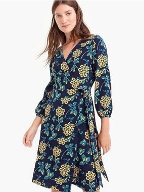 J Crew Navy Blue Yellow Golden Floral 365 Crepe Wrap Dress 0